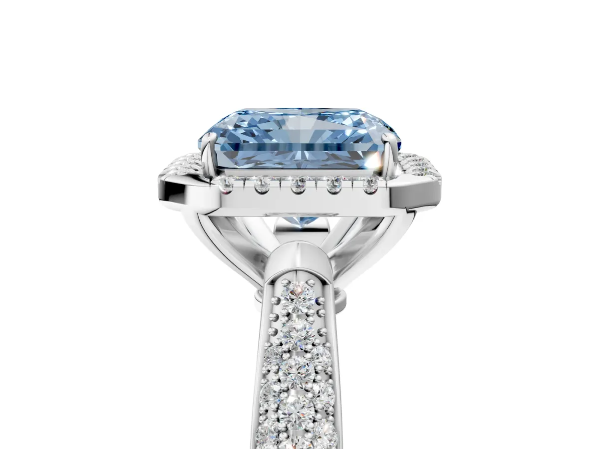 Fancy Blue Radiant Cut Cut Halo Pave Band Four-Prong Setting Ring Platinum