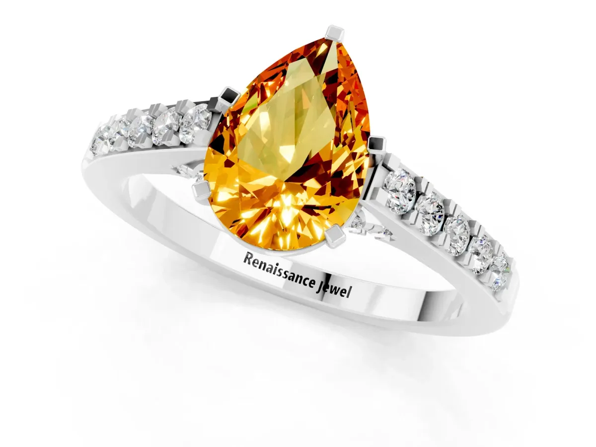 Pear Cut Citrine Solitaire Ring with Crossover Gallery and Round Pavé Band Platinum