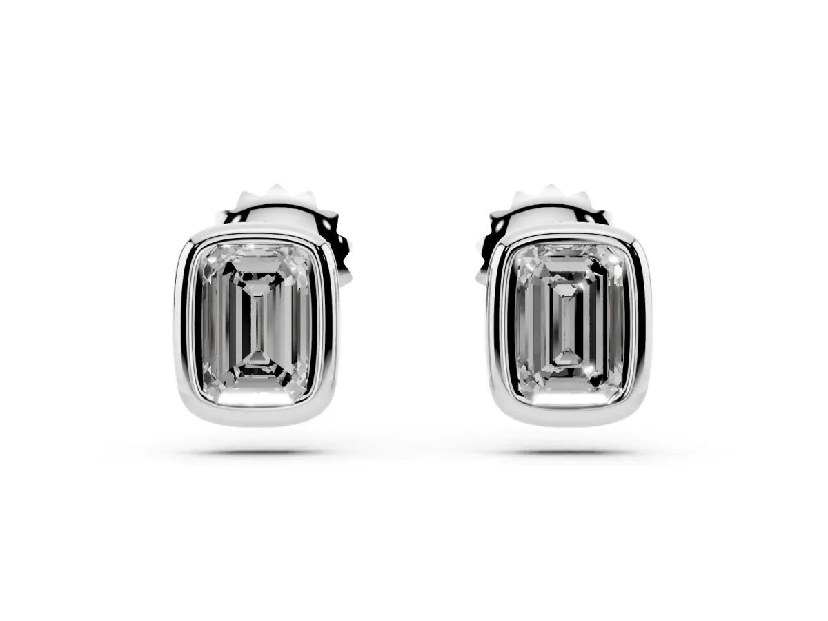 Emerald Diamond Bezel-Set Stud Earrings Silver
