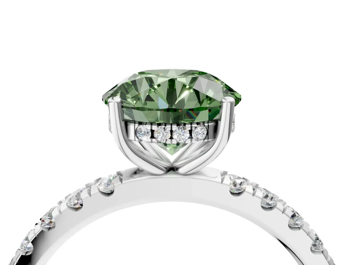 Fancy Green Round Cut Diamond Pave Band Solitaire Ring with Round and Prong Setting Platinum