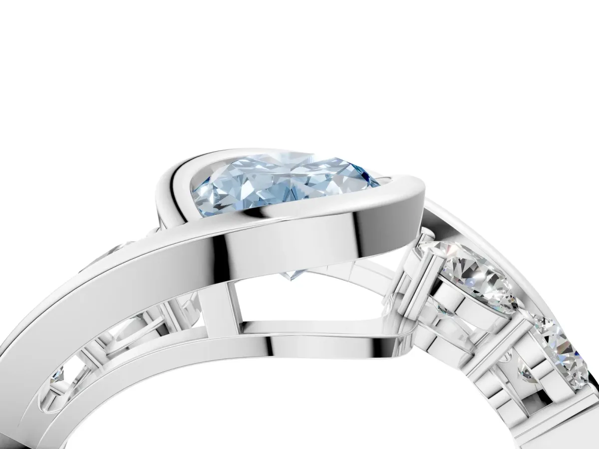 Fancy Blue Bezel Set Oval Cut Diamond Bypass Ring with Round Accents Silver