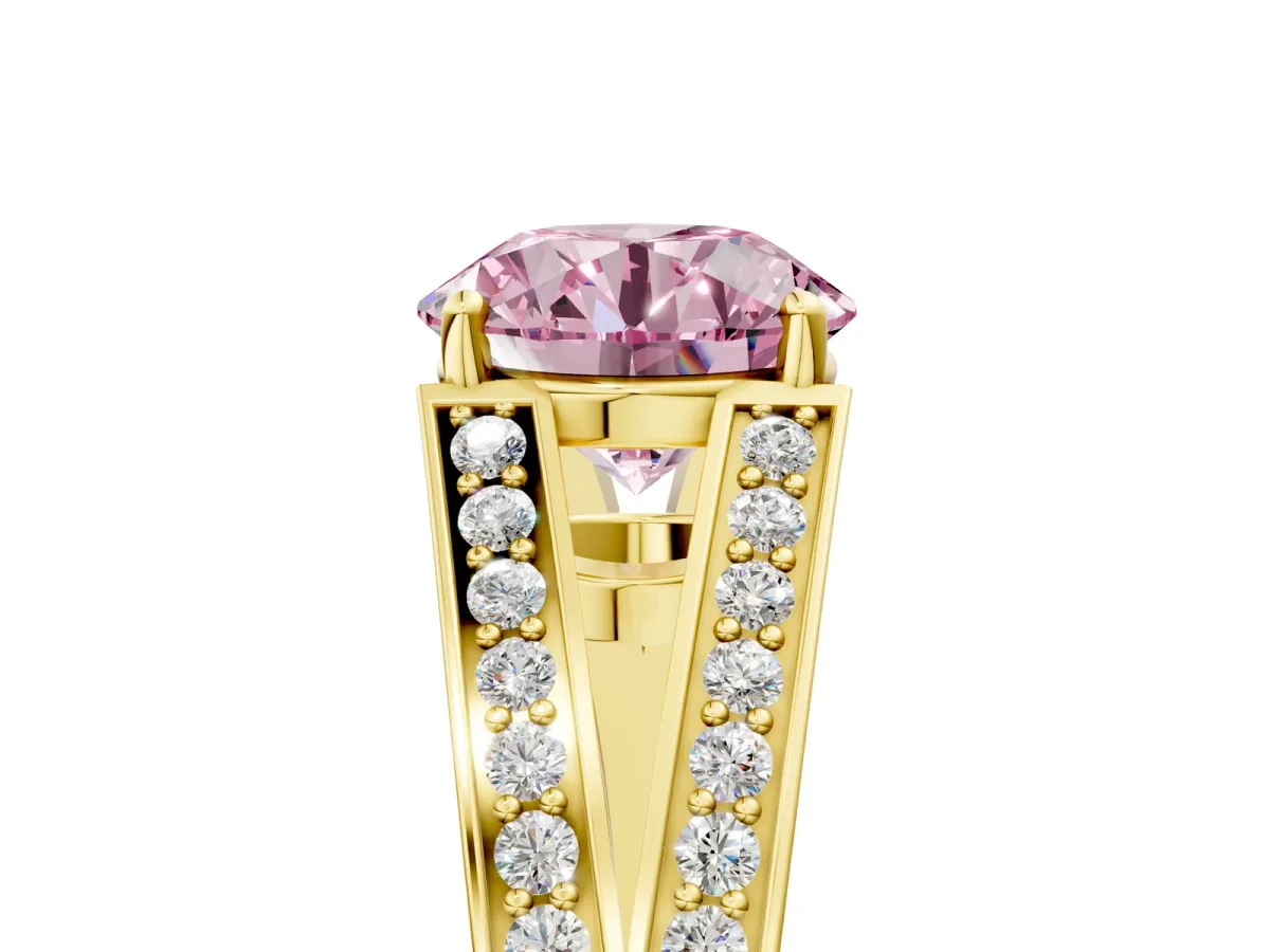 Fancy Pink Round Cut Diamond Split Shank Ring with Pavé Band and Four-Prong Setting Yellow gold