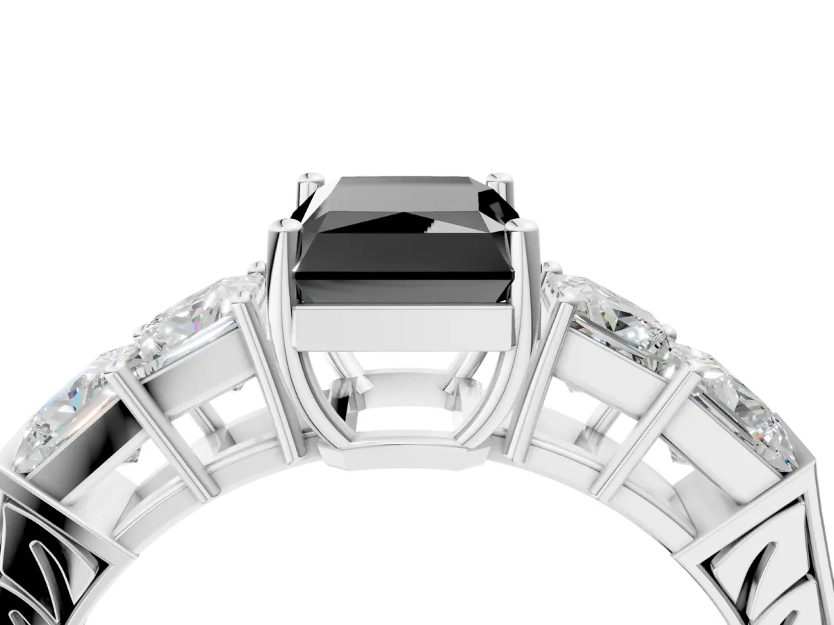 Fancy Black Radiant Cut Solitaire Princess Side Stone Engraved Band Prong Setting Ring Platinum