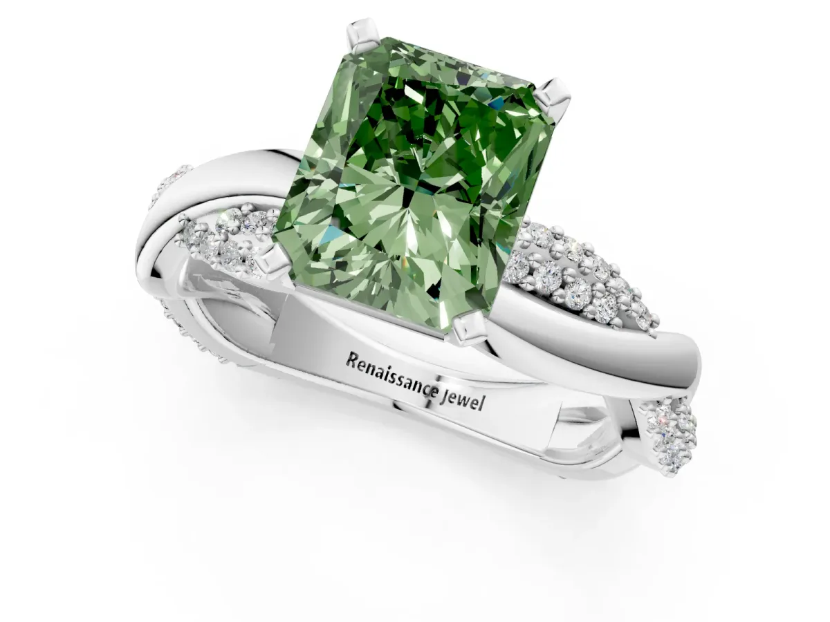 Fancy Green Radiant Cut Solitaire Twist Band with Pave Prong Setting Platinum