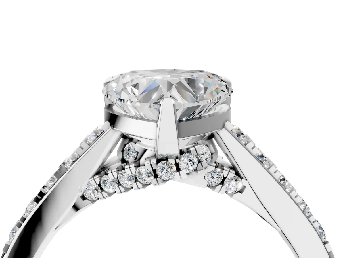 Heart Cut Diamond Solitaire Ring with Crossover Gallery and Round Pavé Band Silver