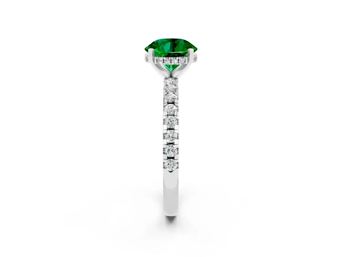 Round Cut Emerald Solitaire Ring with Round Pavé Band and Four-Prong Setting Platinum