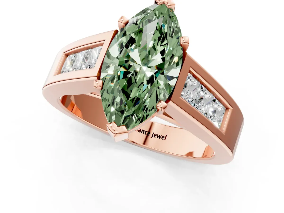 Fancy Green Marquise Cut Cut Channel Set Solitaire Ring with Four-Prong Setting Rose gold