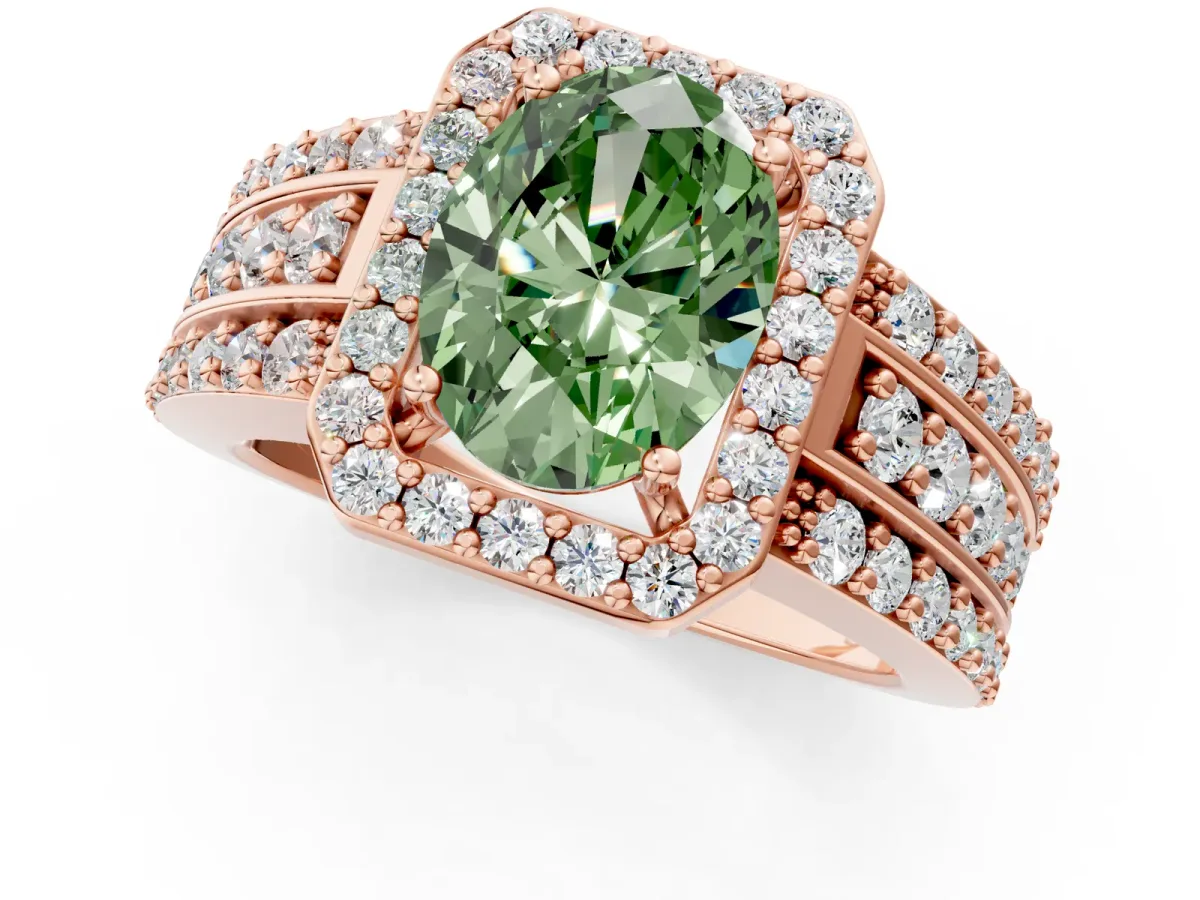 Fancy Green Oval Cut Halo Diamond Ring with Round Split Shank and Prong Setting Rose gold