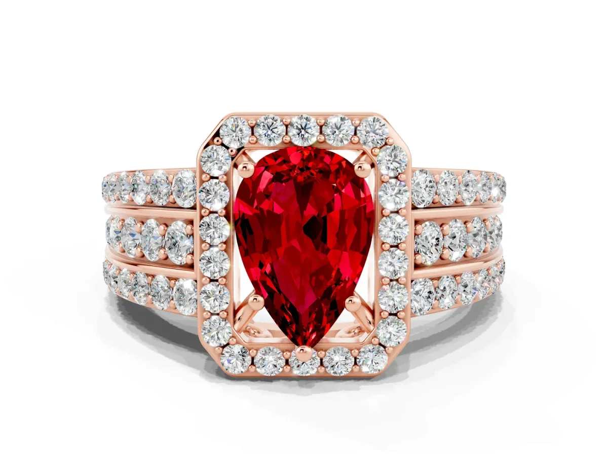 Pear Cut Halo Ruby Ring with Round Split Shank and Prong Setting Rose gold