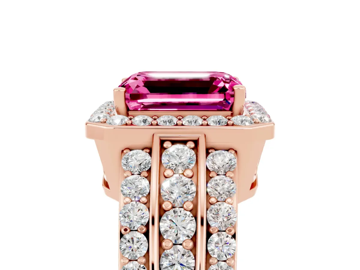 Emerald Cut Halo Pink Sapphire Ring with Round Split Shank and Prong Setting Rose gold