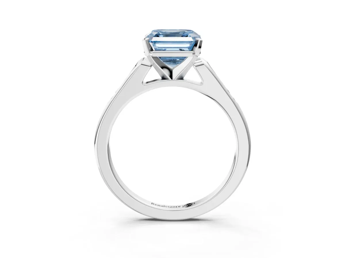 Fancy Blue Asscher Cut Diamond Solitaire Ring with Channel Set Round Band and Prong Setting Silver