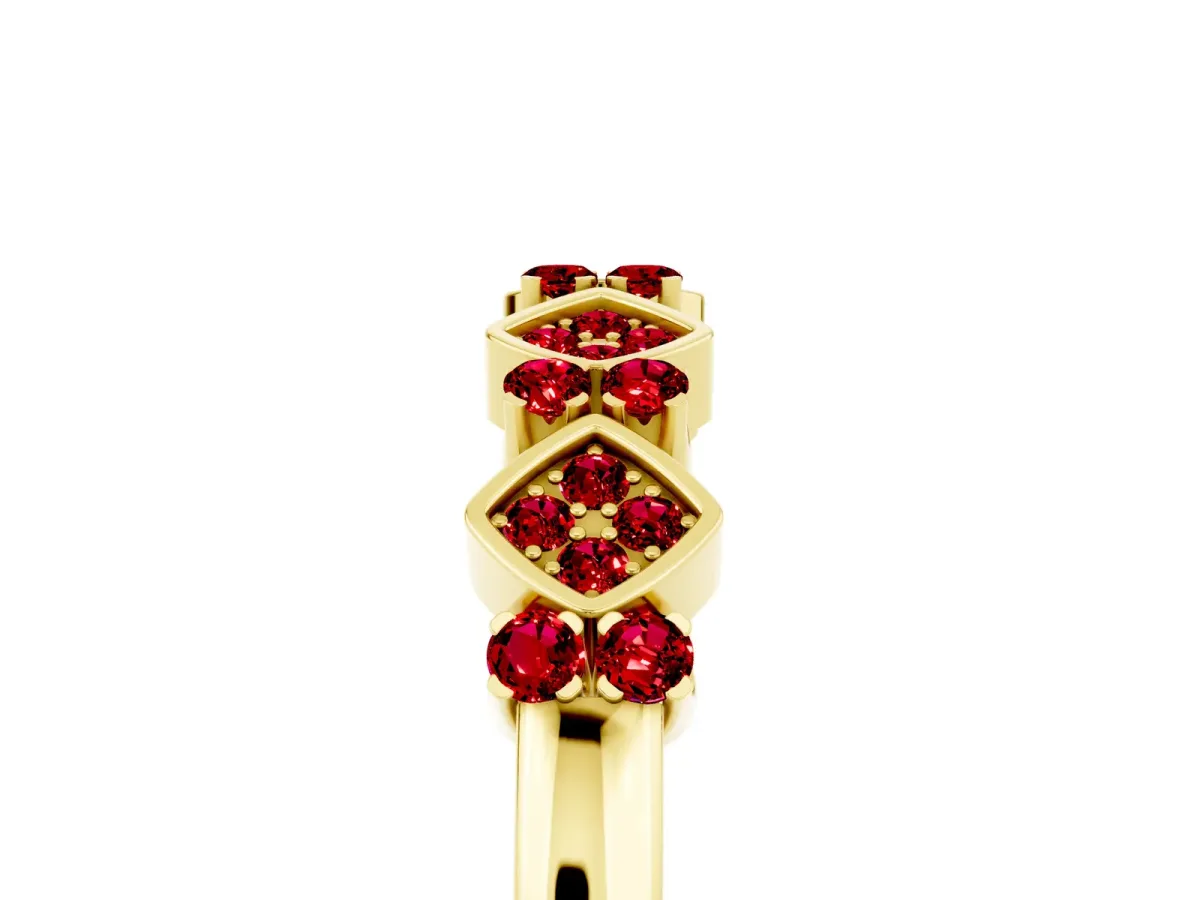 Pavé Cushion Ruby Cluster Eternity Band with Prong Setting Yellow gold