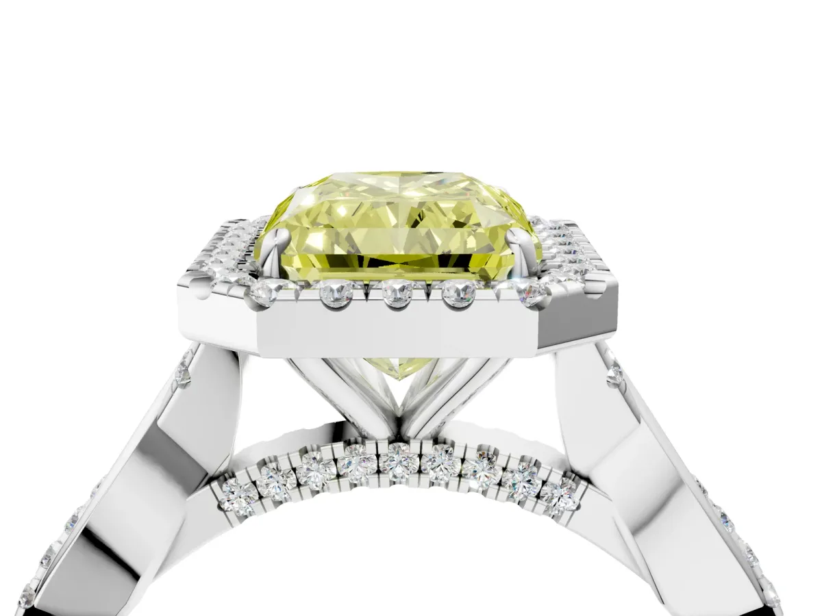 Fancy Yellow Radiant Cut Halo Twist Band Solitaire Ring Platinum