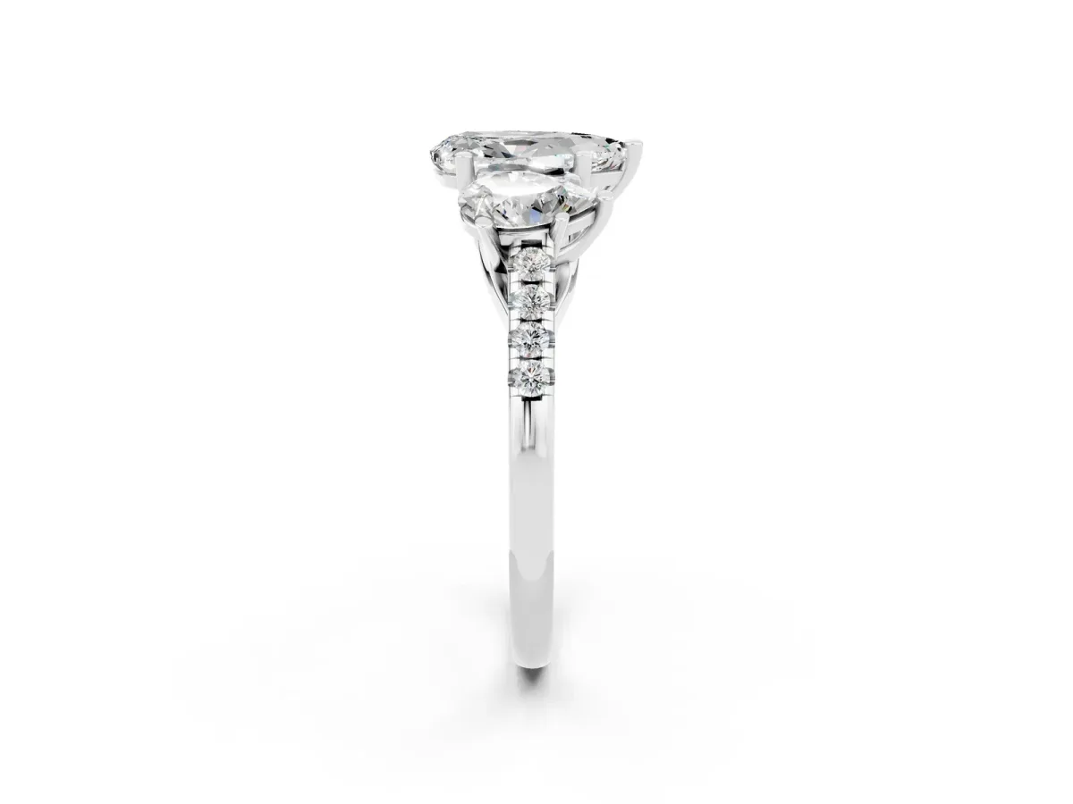 Three-Stone Pear Cut Moissanite Ring with Round Pavé Band and Prong Setting Silver