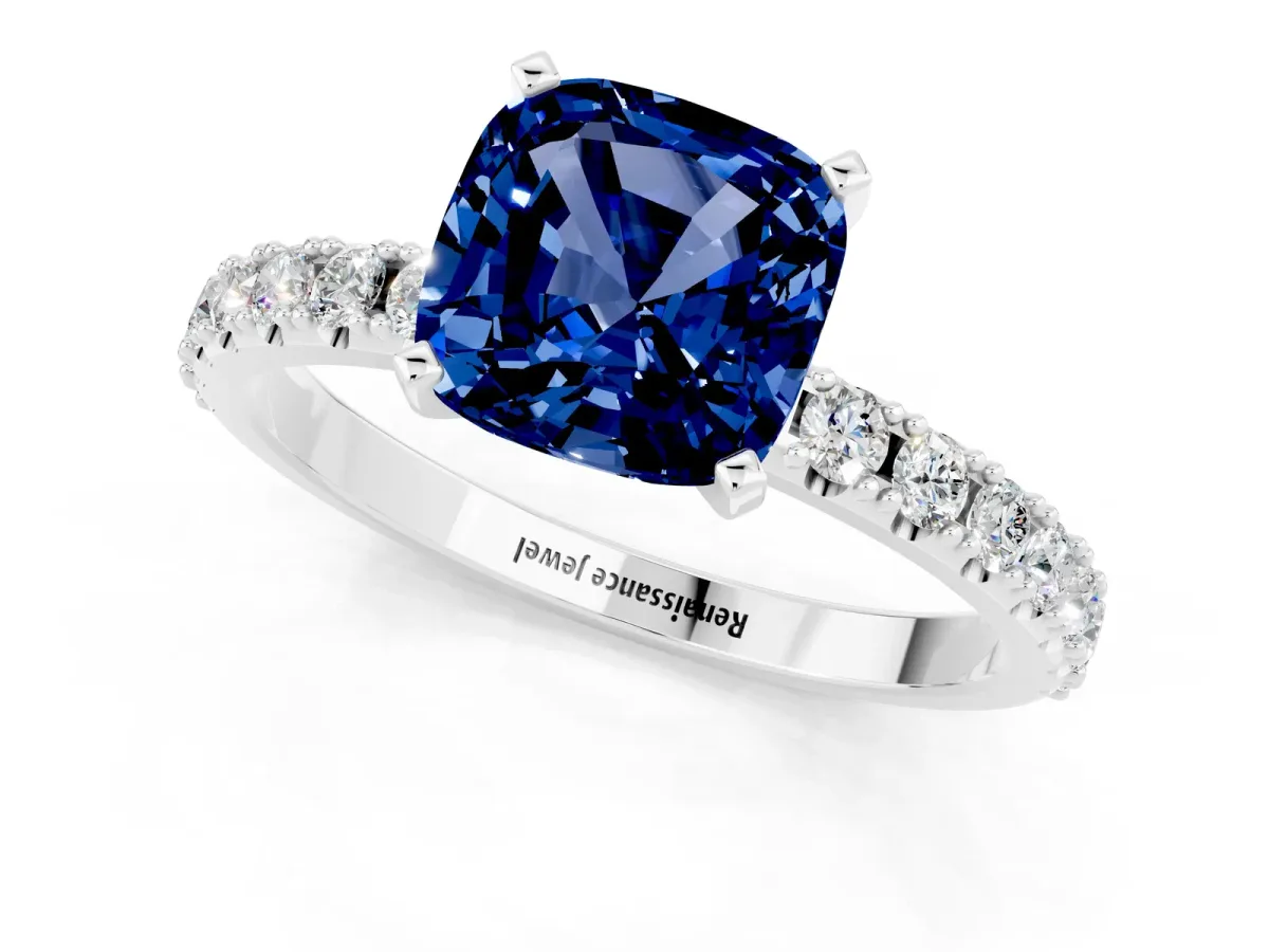 Cushion Cut Blue Sapphire Solitaire Pavé Band with Four-Prong Setting Silver