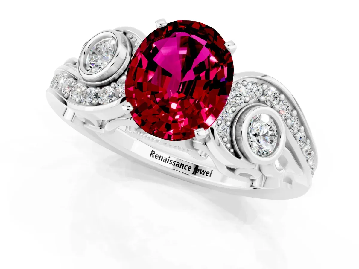 Oval Cut Garnet Solitaire Ring with Milgrain Pavé Band and Four-Prong Setting Silver