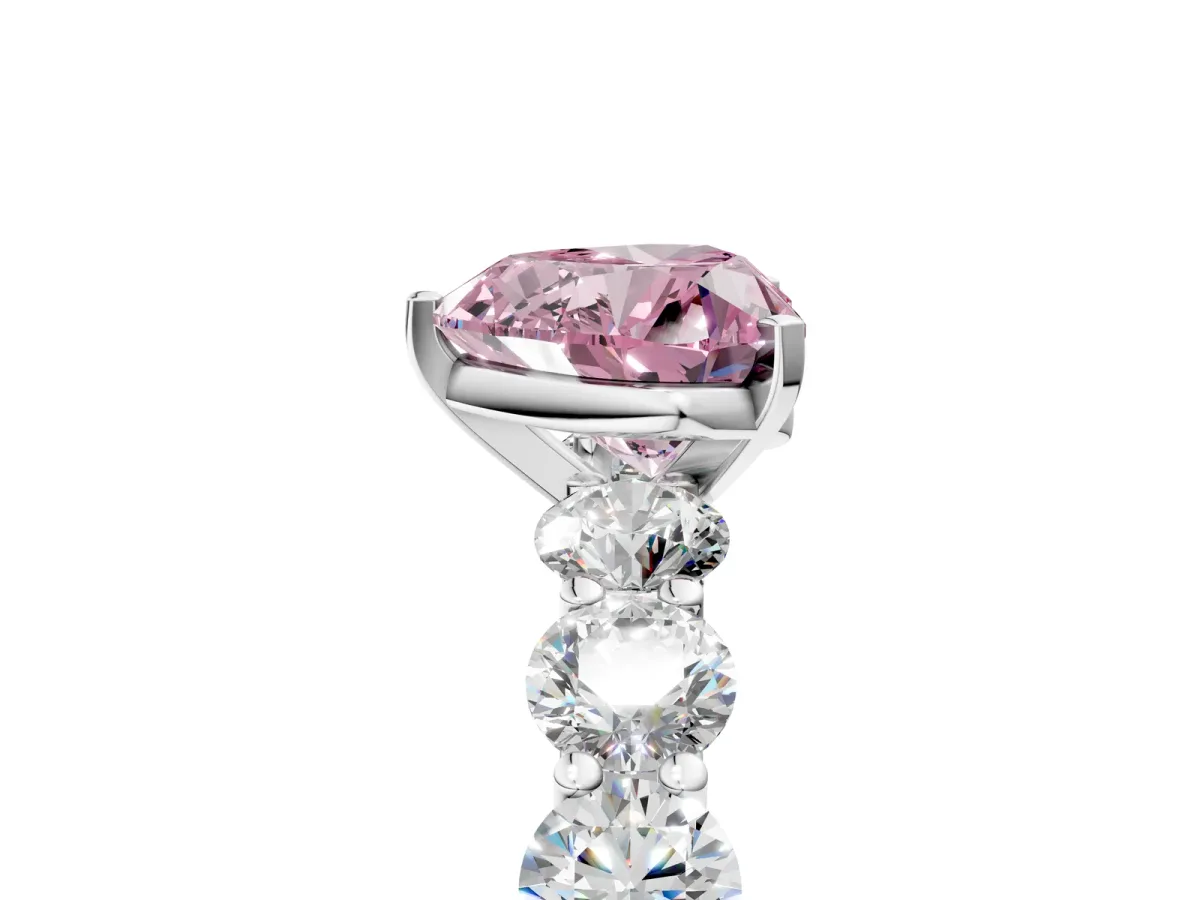 Fancy Pink Heart Cut Diamond Prong Setting with Side Stones on a Pave Band Silver