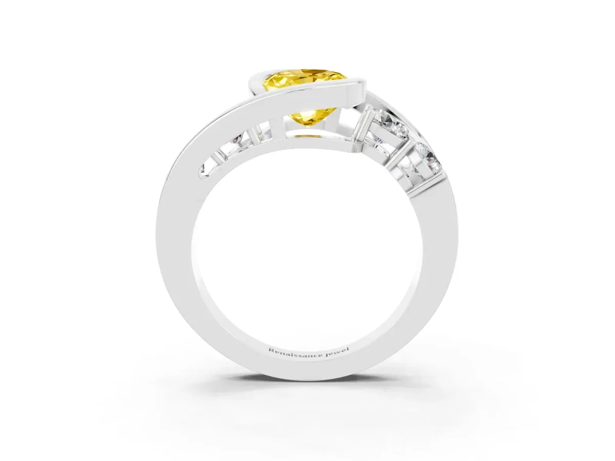 Bezel Set Oval Cut Yellow Sapphire Bypass Ring with Round Accents Silver
