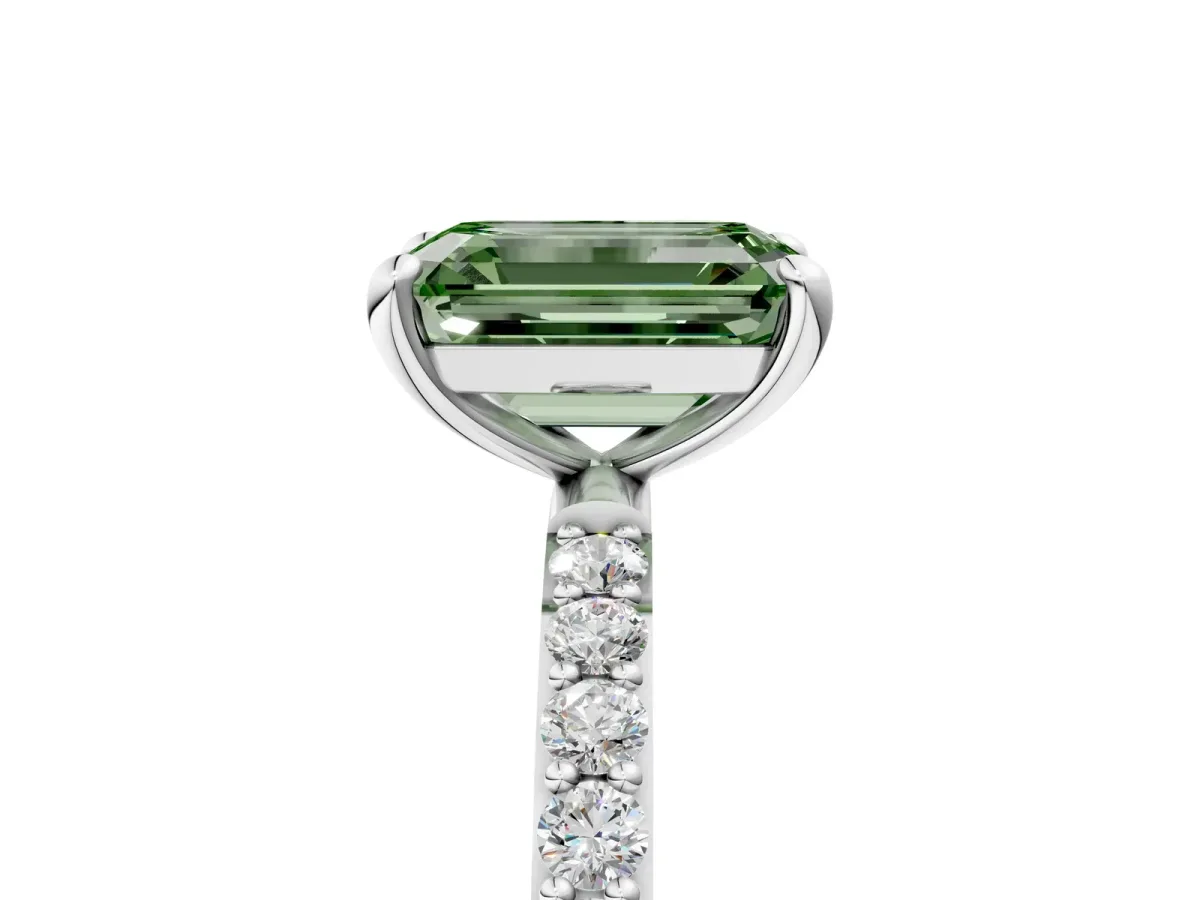 Fancy Green Emerald Cut Diamond Solitaire Ring with Round Pavé Band and Prong Setting Silver