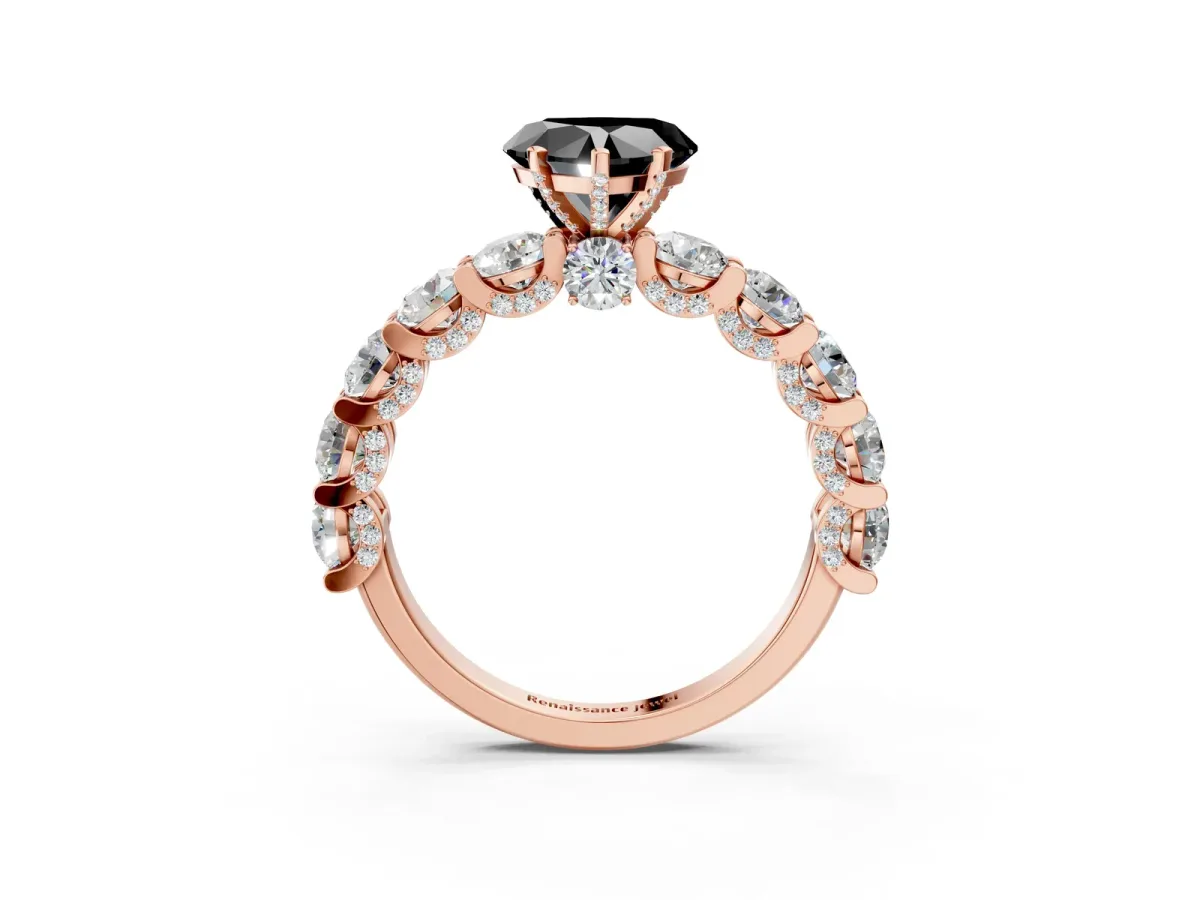 Fancy Black Heart Cut Diamond Side Stone Engagement Ring with Four-Prong Setting Rose gold