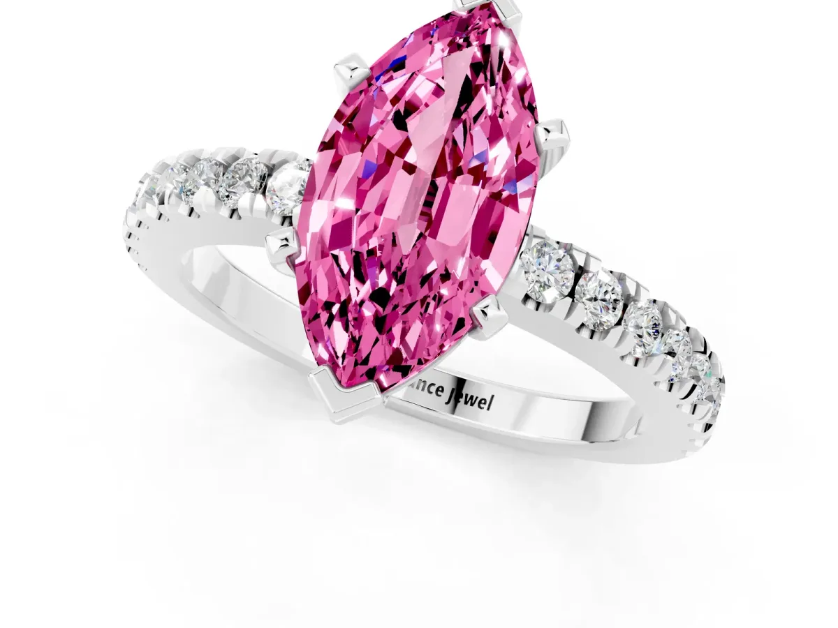 Marquise Cut Solitaire Pink Sapphire with Pavé Band and Four-Prong Setting Silver
