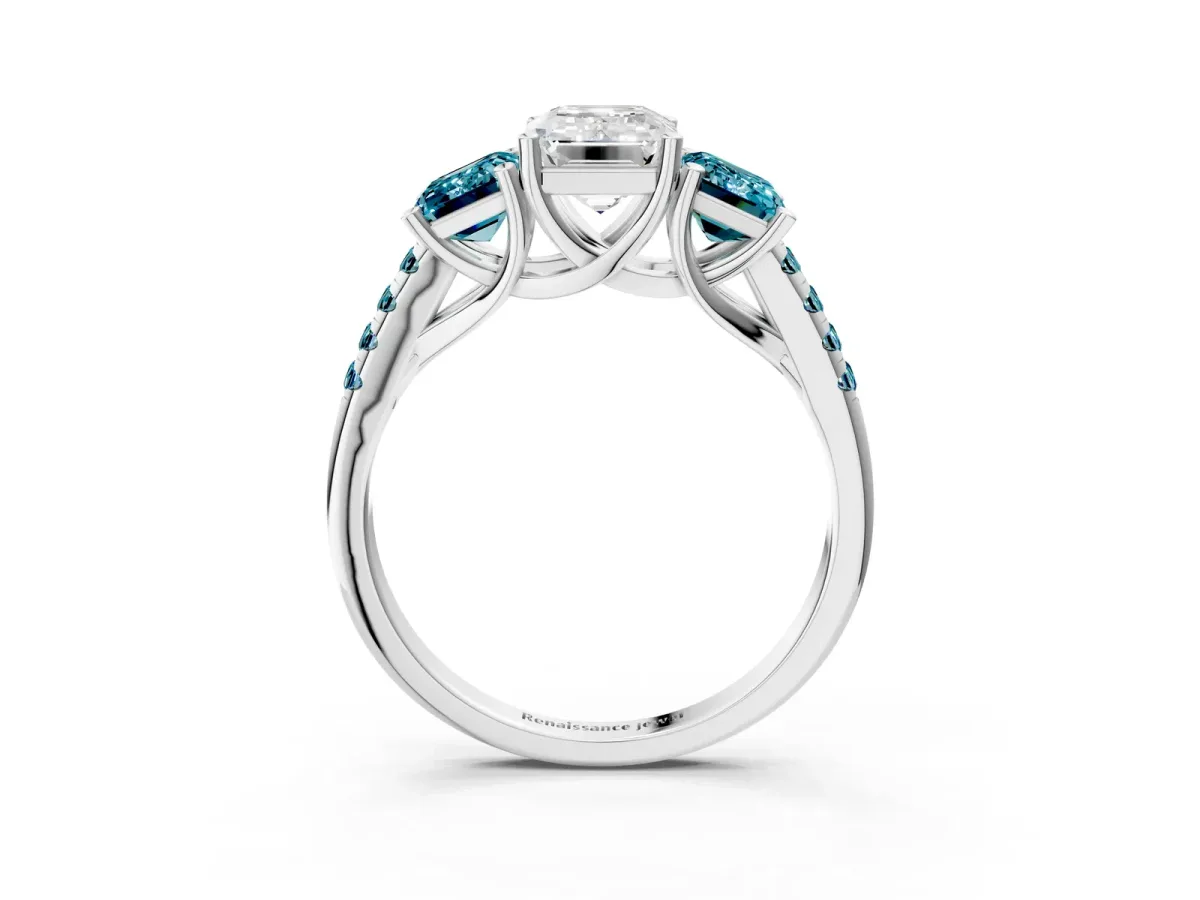 Three-Stone Emerald Cut Diamond Ring with Round Blue Topaz Pavé Band and Prong Setting Silver