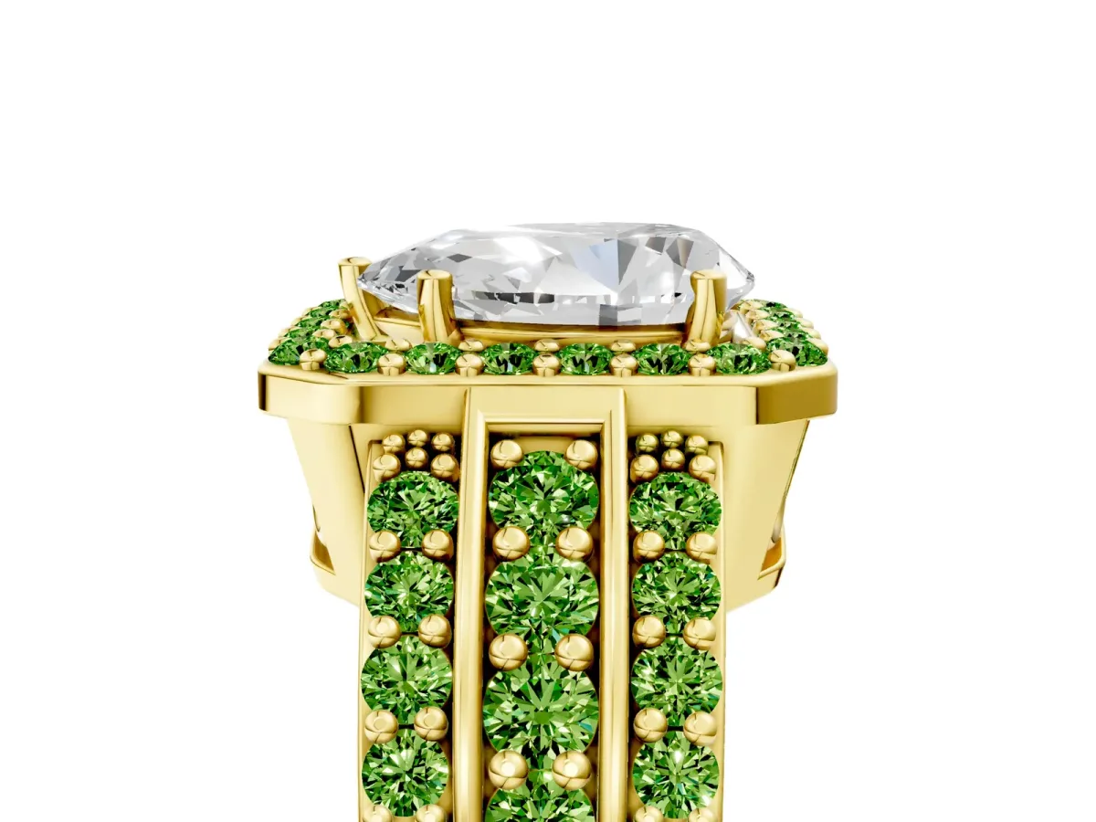 Pear Cut Halo Diamond Ring with Round Peridot Split Shank and Prong Setting Yellow gold