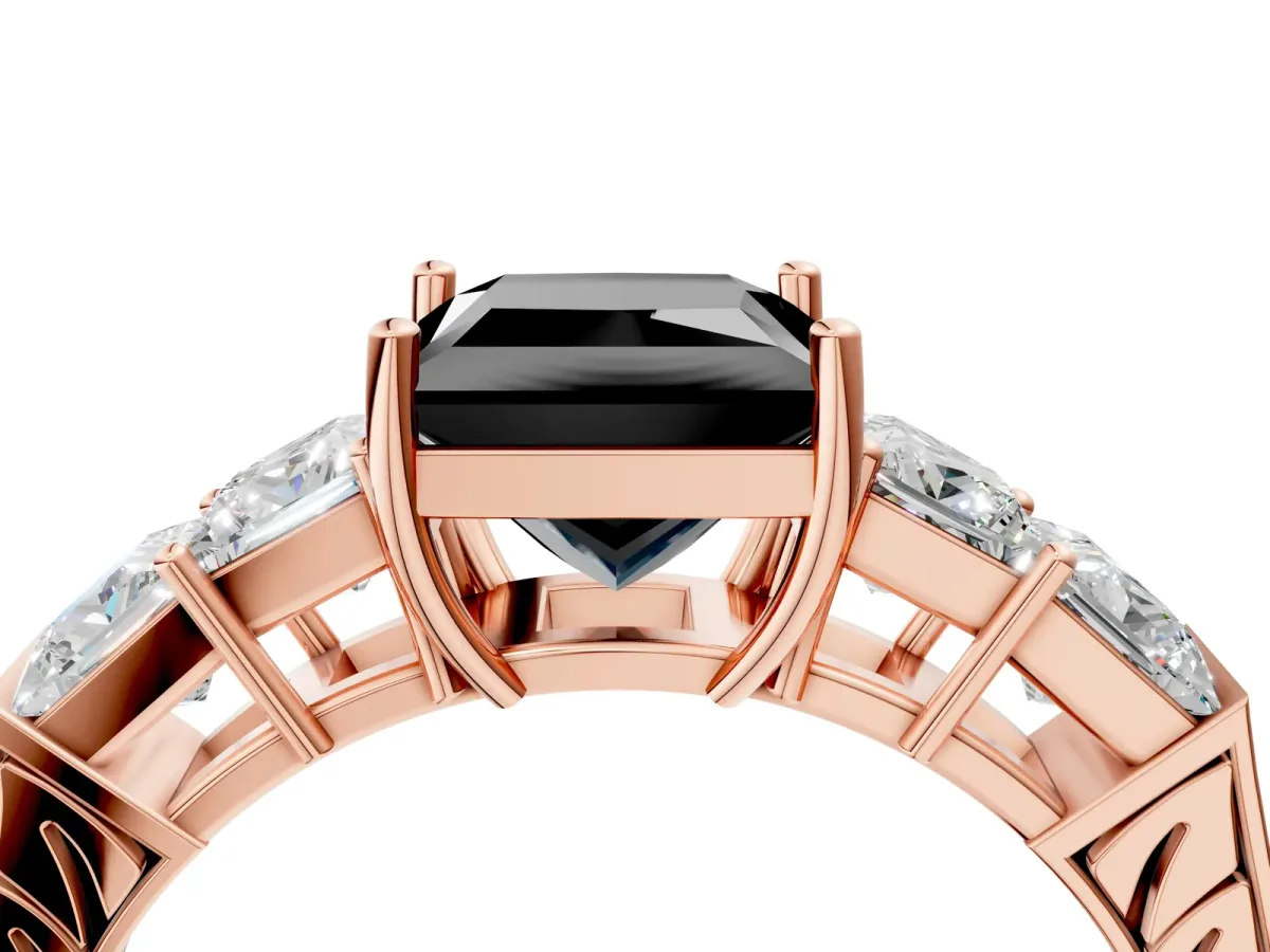 Fancy Black Princess Cut Solitaire Princess Side Stone Engraved Band Prong Setting Ring Rose gold