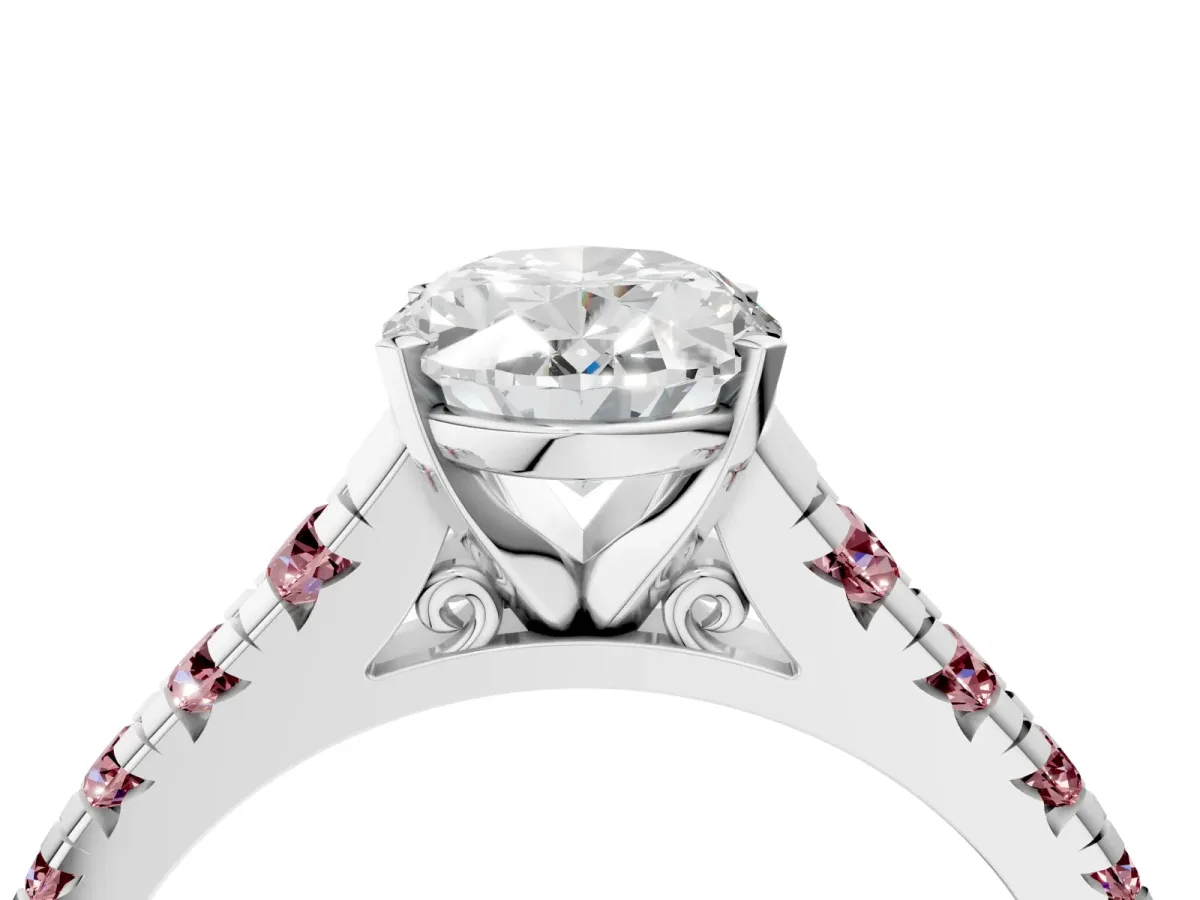 Oval Cut Diamond Cathedral Solitaire Ring with Round Morganite Pavé Band Silver