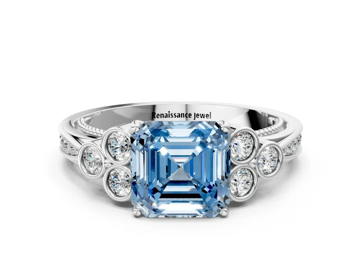 Fancy Blue Asscher Cut Cut Diamond Engagement Ring with Bezel Set Round Side Stones and Prong Setting Platinum