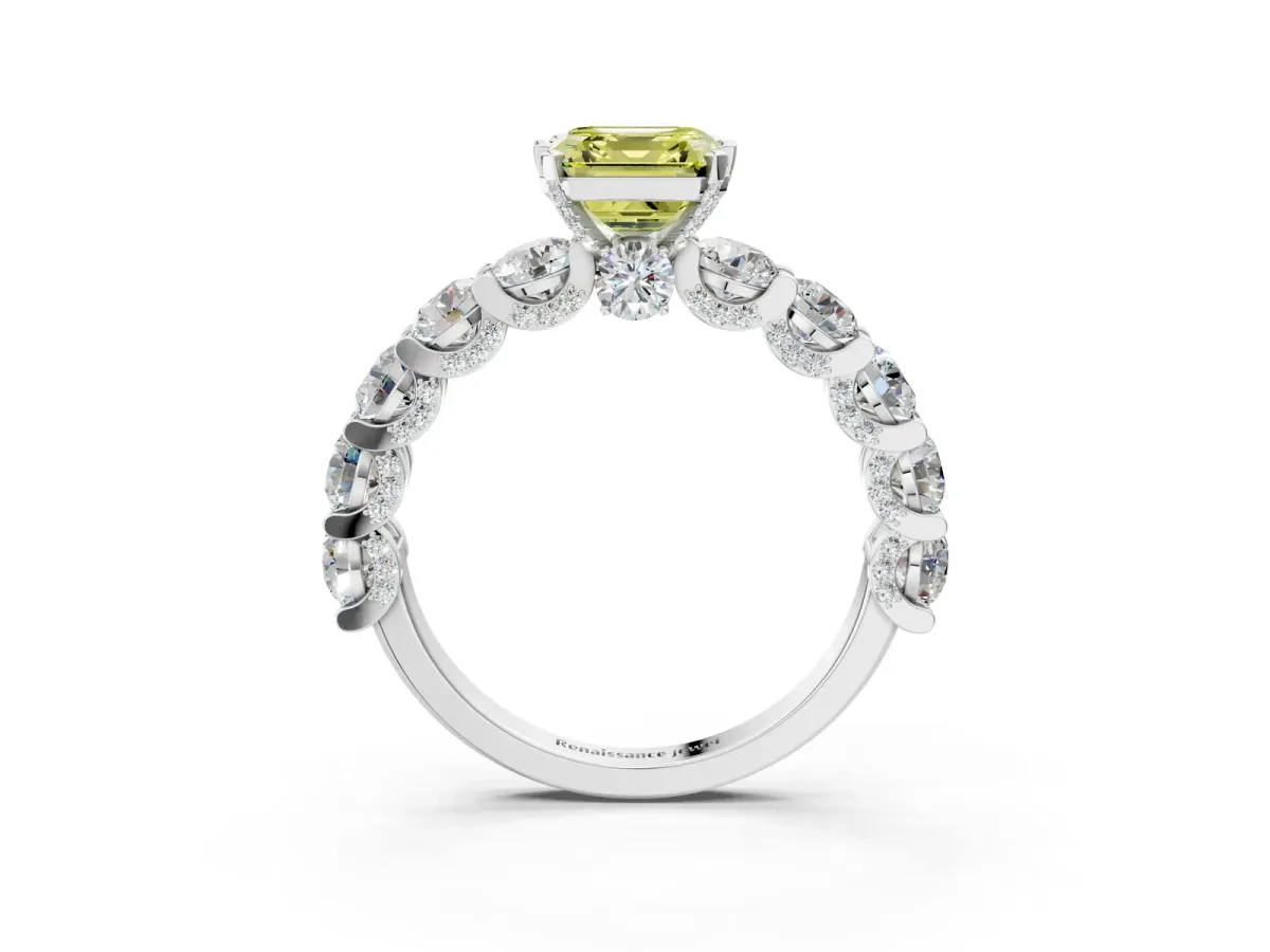 Fancy Yellow Asscher Cut Diamond Side Stone Engagement Ring with Four-Prong Setting Silver