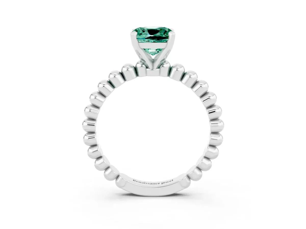Cushion Cut Green Sapphire Solitaire Ring with Beaded Band and Prong Setting Silver