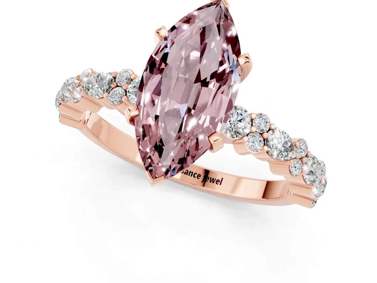 Marquise Cut Morganite Side Stone Solitaire Ring with Round and Four-Prong Setting Rose gold