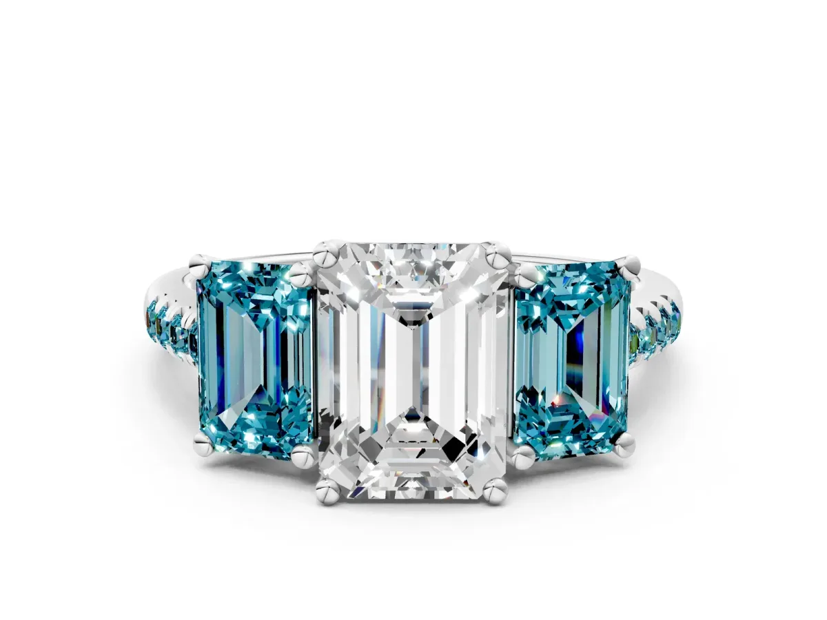 Three-Stone Emerald Cut Diamond Ring with Round Blue Topaz Pavé Band and Prong Setting Silver