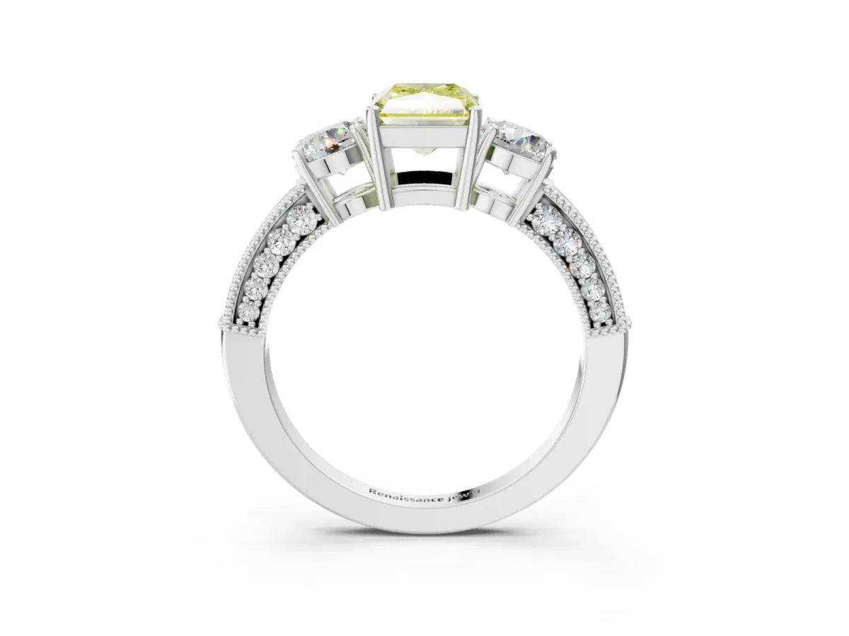 Fancy Yellow Radiant Cut Three-Stone Diamond Ring with Pavé Band and Four-Prong Setting Platinum