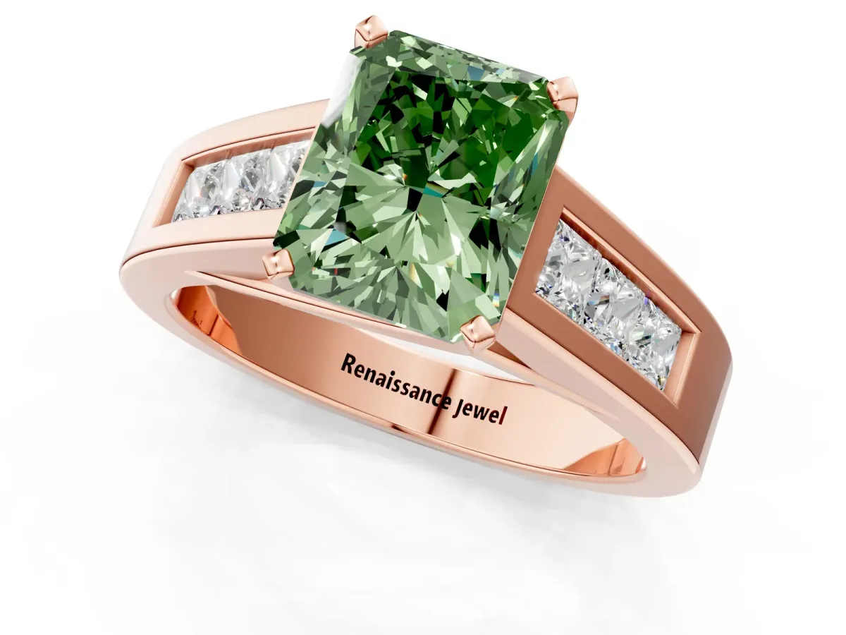 Fancy Green Radiant Cut Cut Channel Set Solitaire Ring with Four-Prong Setting Rose gold