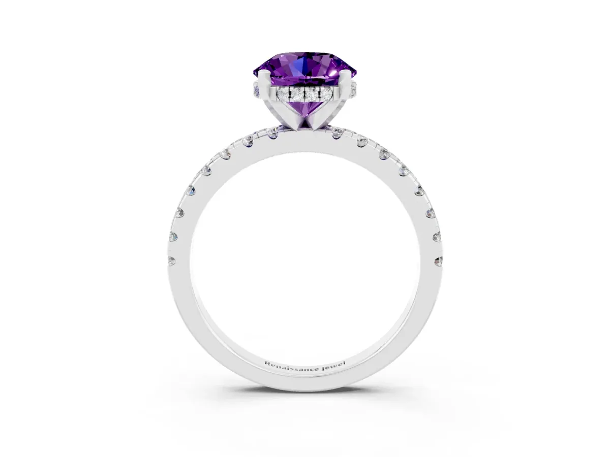 Round Cut Amethyst Solitaire Ring with Round Pavé Band and Four-Prong Setting Silver