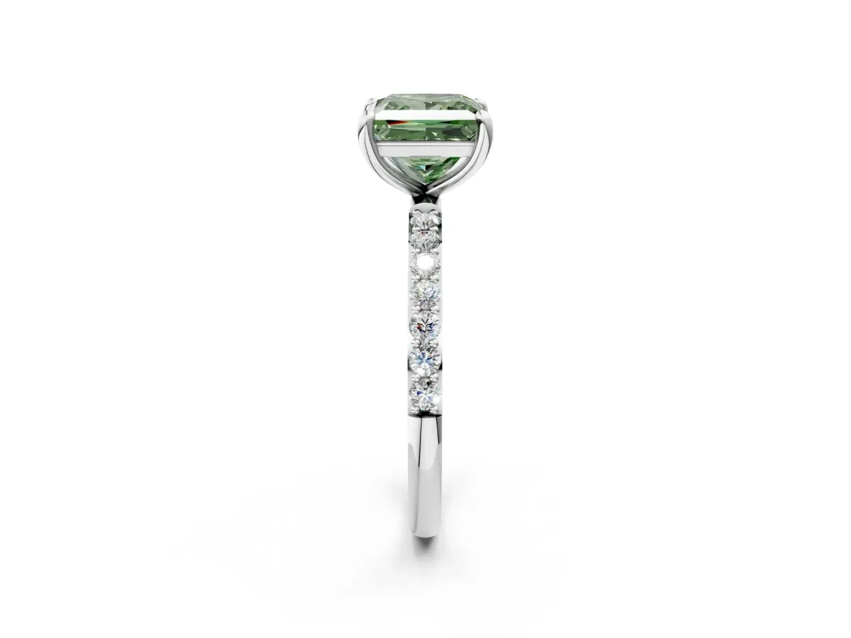 Fancy Green Princess Cut Diamond Solitaire Ring with Round Pavé Band and Prong Setting Silver