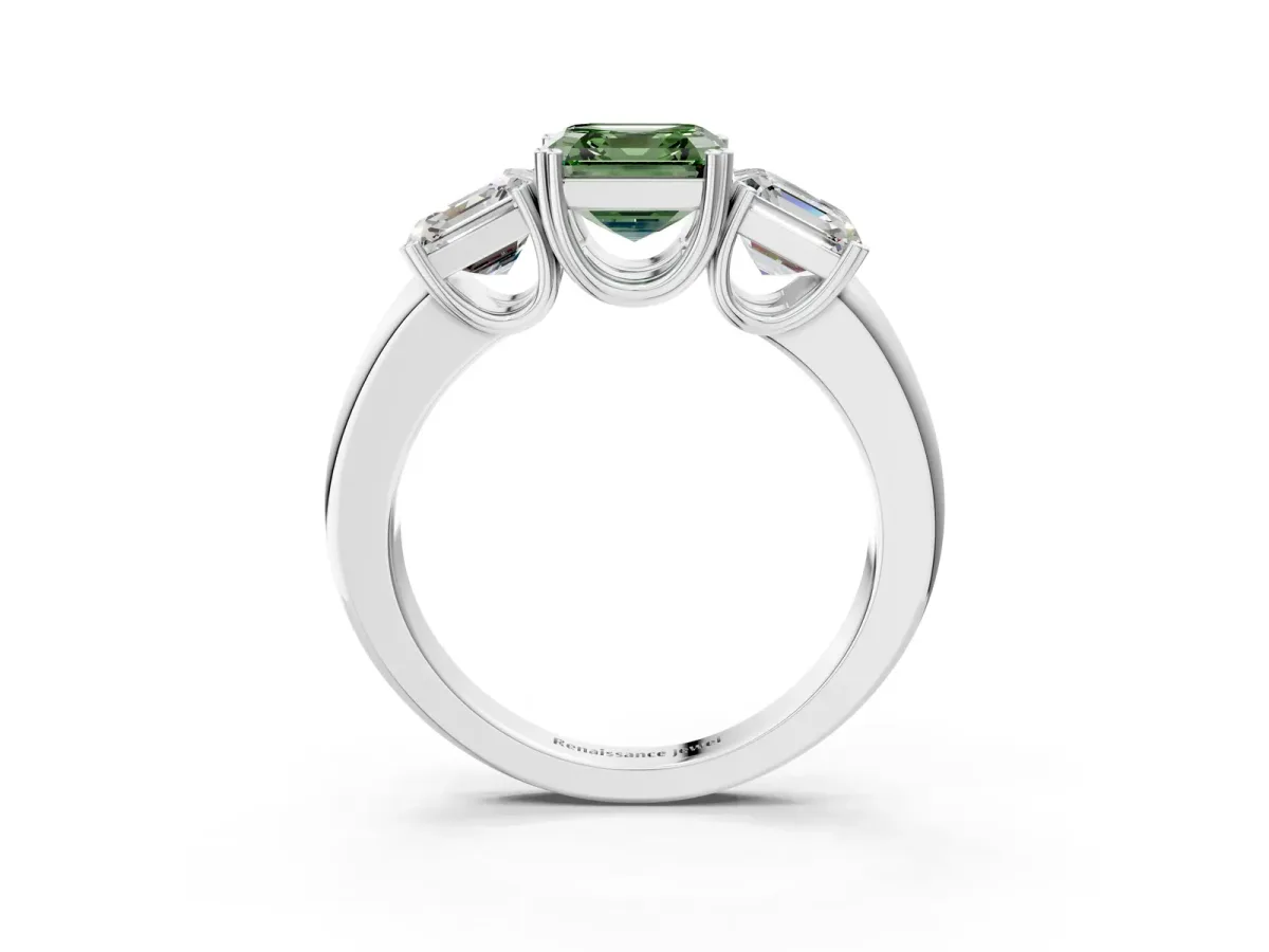 Fancy Green Three-Stone Asscher Cut Cut Diamond Ring with Channel Set Band and Four-Prong Setting Silver