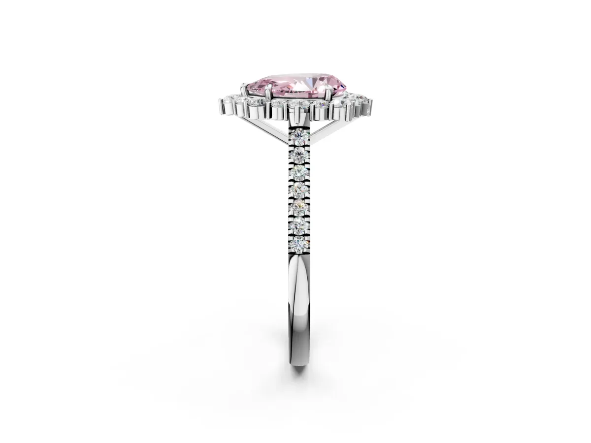 Fancy Pink Pear Cut Halo Diamond Ring with Pavé Band and Prong Setting Silver