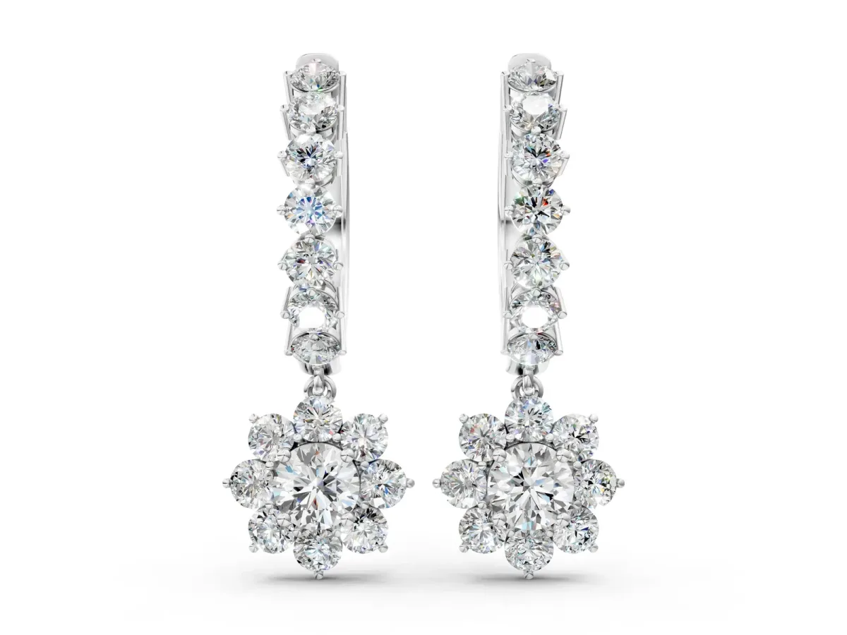 Round Diamond Petite Hoop Earrings with Sunflower Drop Silver