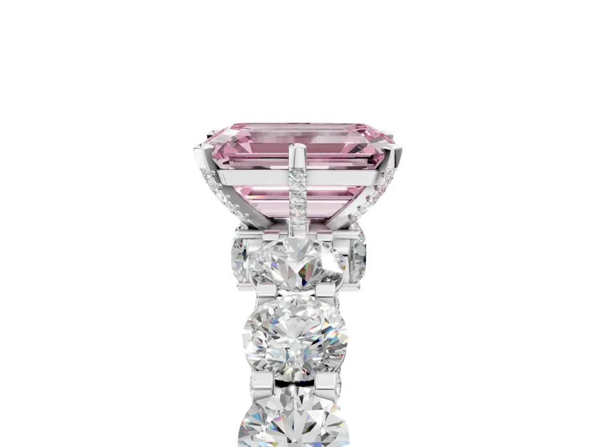 Fancy Pink Emerald Cut Diamond Side Stone Engagement Ring with Four-Prong Setting Silver