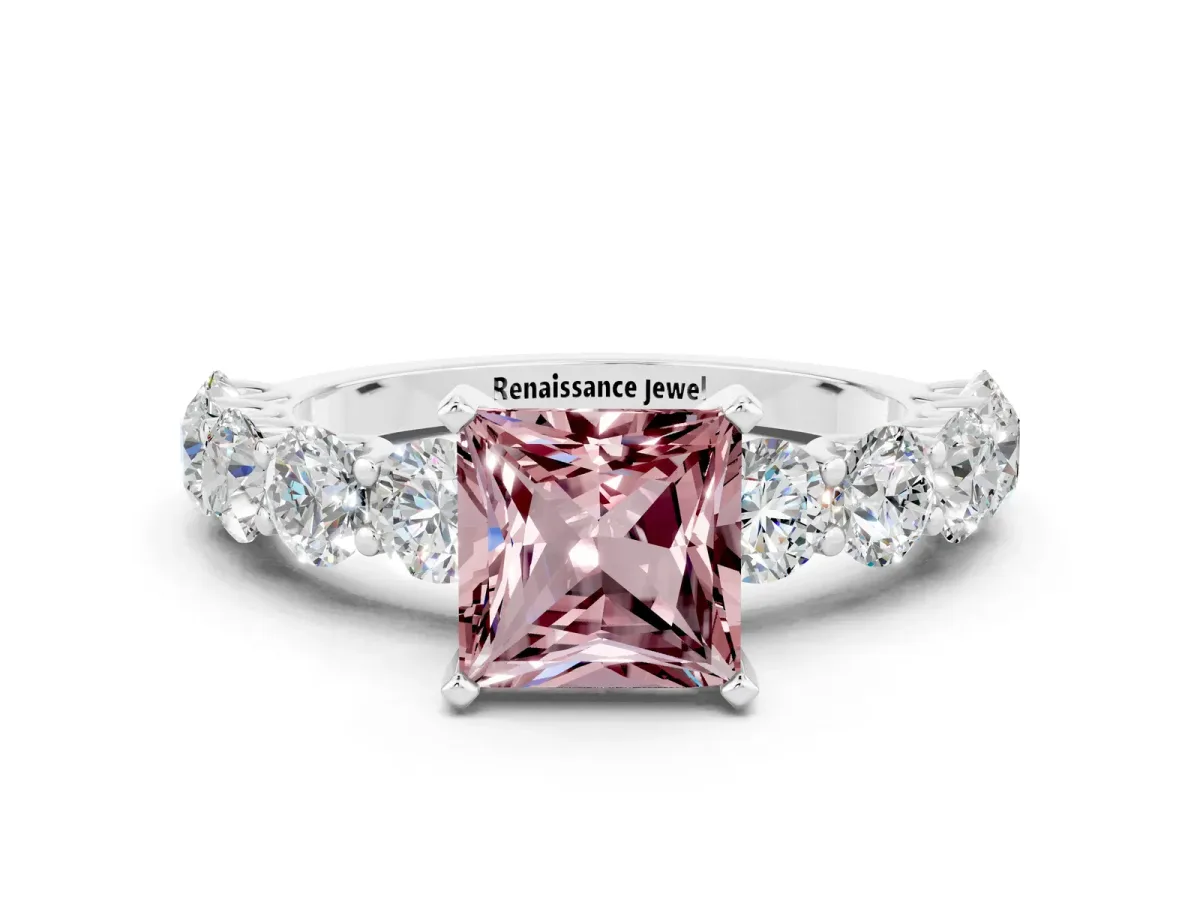 Princess Cut Morganite Prong Setting with Side Stones on a Pave Band Silver