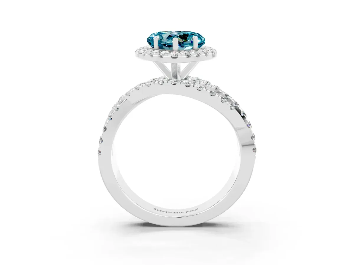 Heart Cut Blue Topaz Halo Ring with Round Split Shank and Prong Setting Platinum