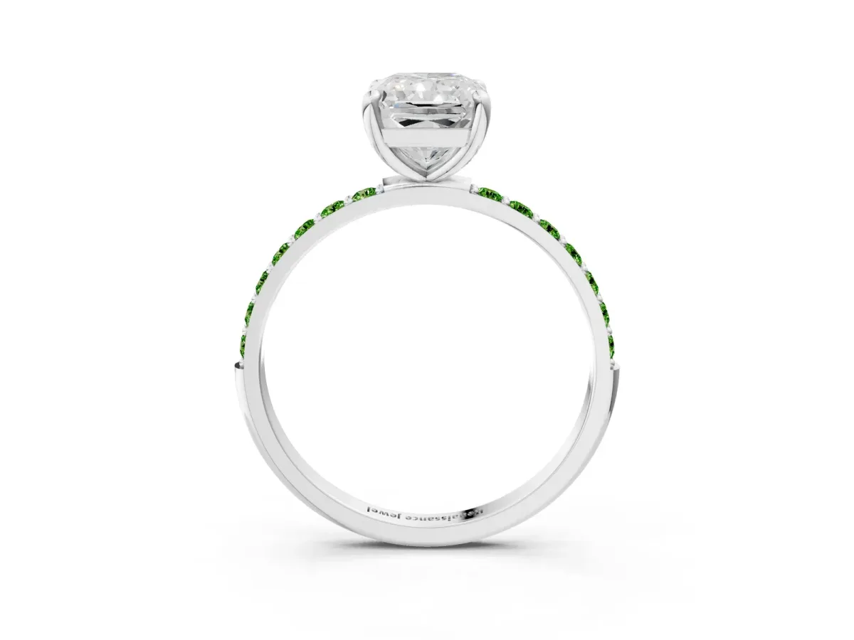 Radiant Cut Diamond Solitaire Ring with Round Peridot Pavé Band and Prong Setting Silver