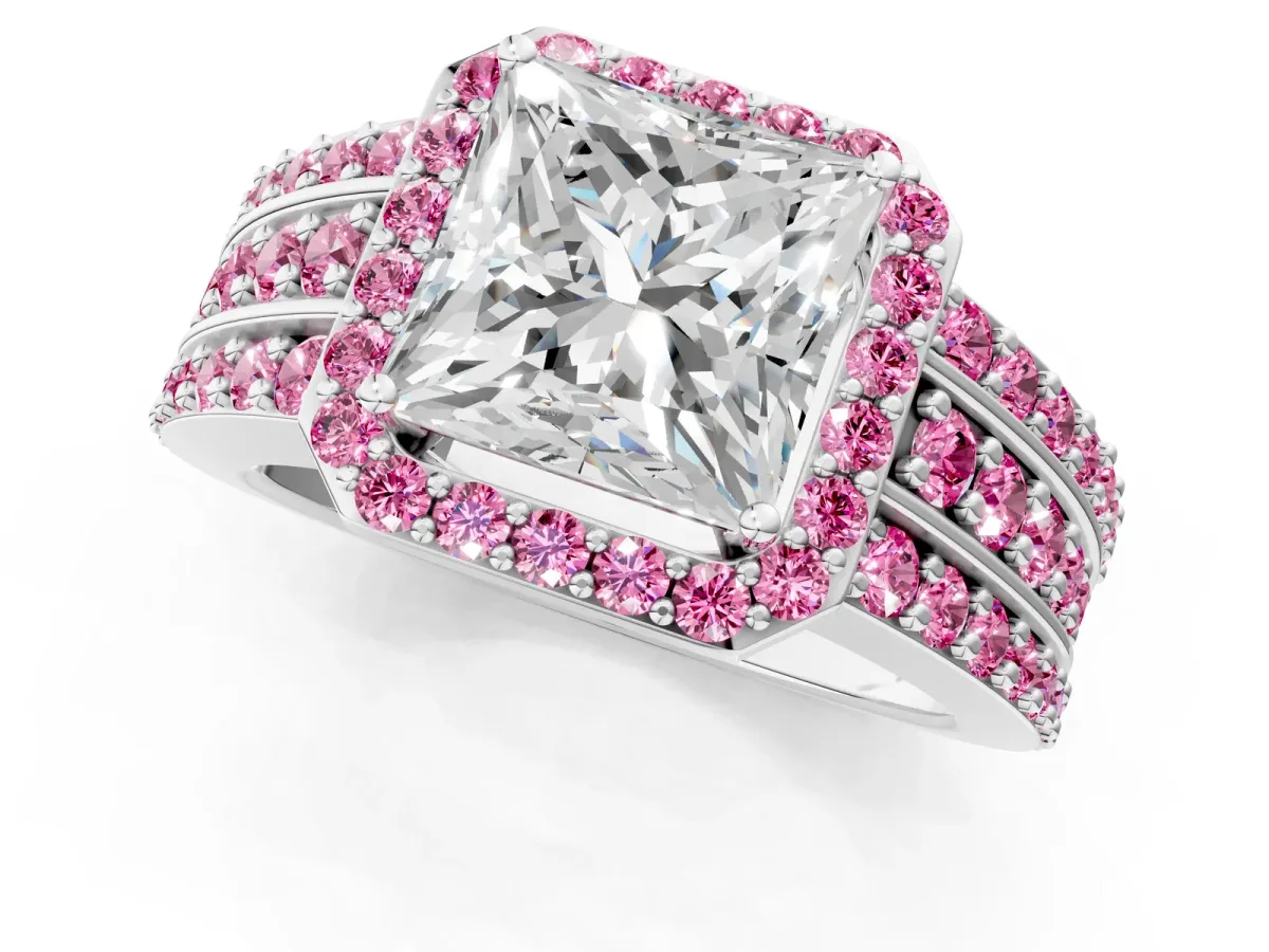 Princess Cut Halo Diamond Ring with Round Pink Sapphire Split Shank and Prong Setting Silver
