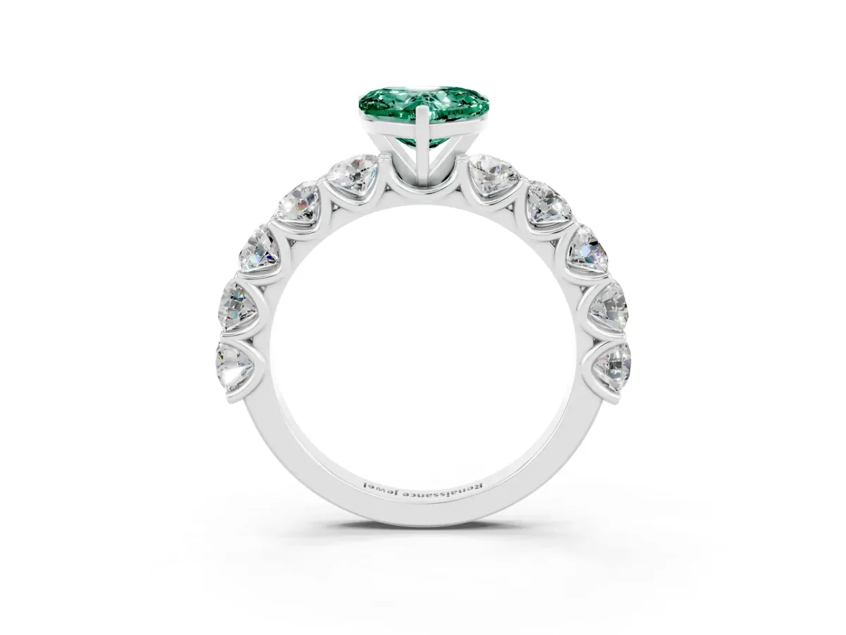 Heart Cut Green Sapphire Prong Setting with Side Stones on a Pave Band Silver
