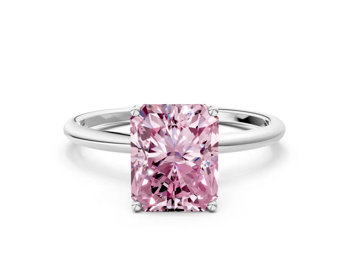 Fancy Pink Radiant Cut Cut Solitaire Engagement Ring with Thin Band and Four-Prong Setting Platinum