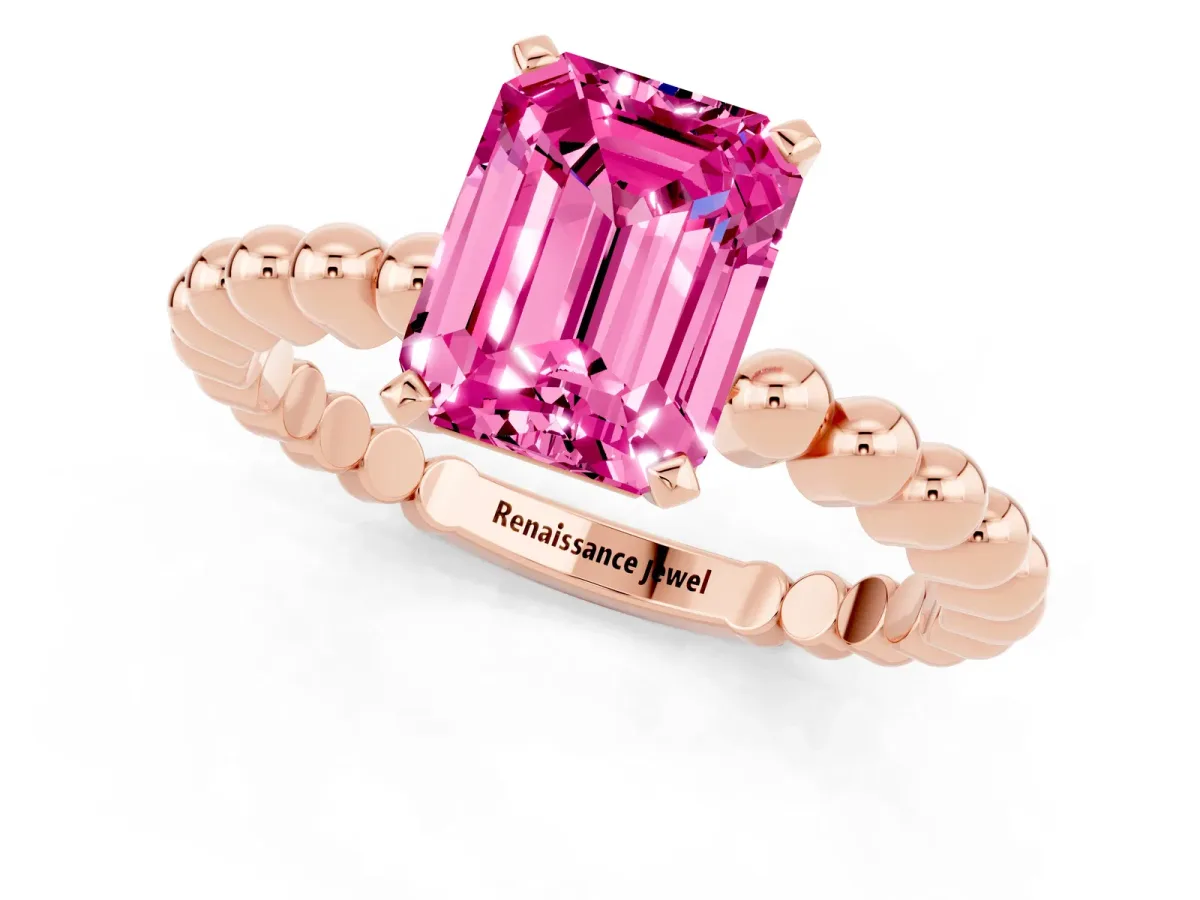 Emerald Cut Pink Sapphire Solitaire Ring with Beaded Band and Prong Setting Rose gold