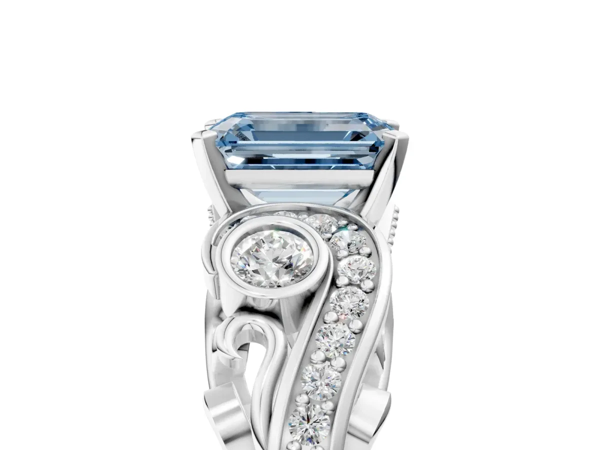 Fancy Blue Emerald Cut Diamond Solitaire Ring with Milgrain Pavé Band and Four-Prong Setting Silver